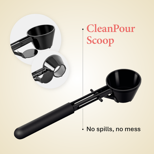 CleanPour Scoop • The Spill-Free Way to Load Wellness Powders Into Any Bottle