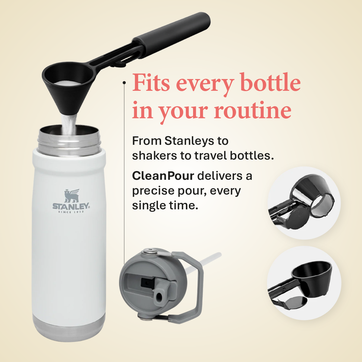 CleanPour Scoop • The Spill-Free Way to Load Wellness Powders Into Any Bottle