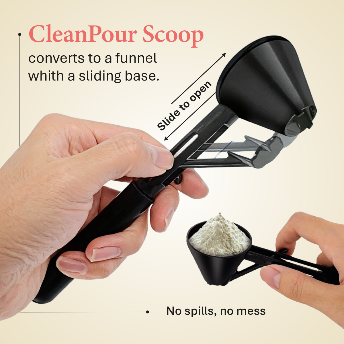 CleanPour Scoop • The Spill-Free Way to Load Wellness Powders Into Any Bottle
