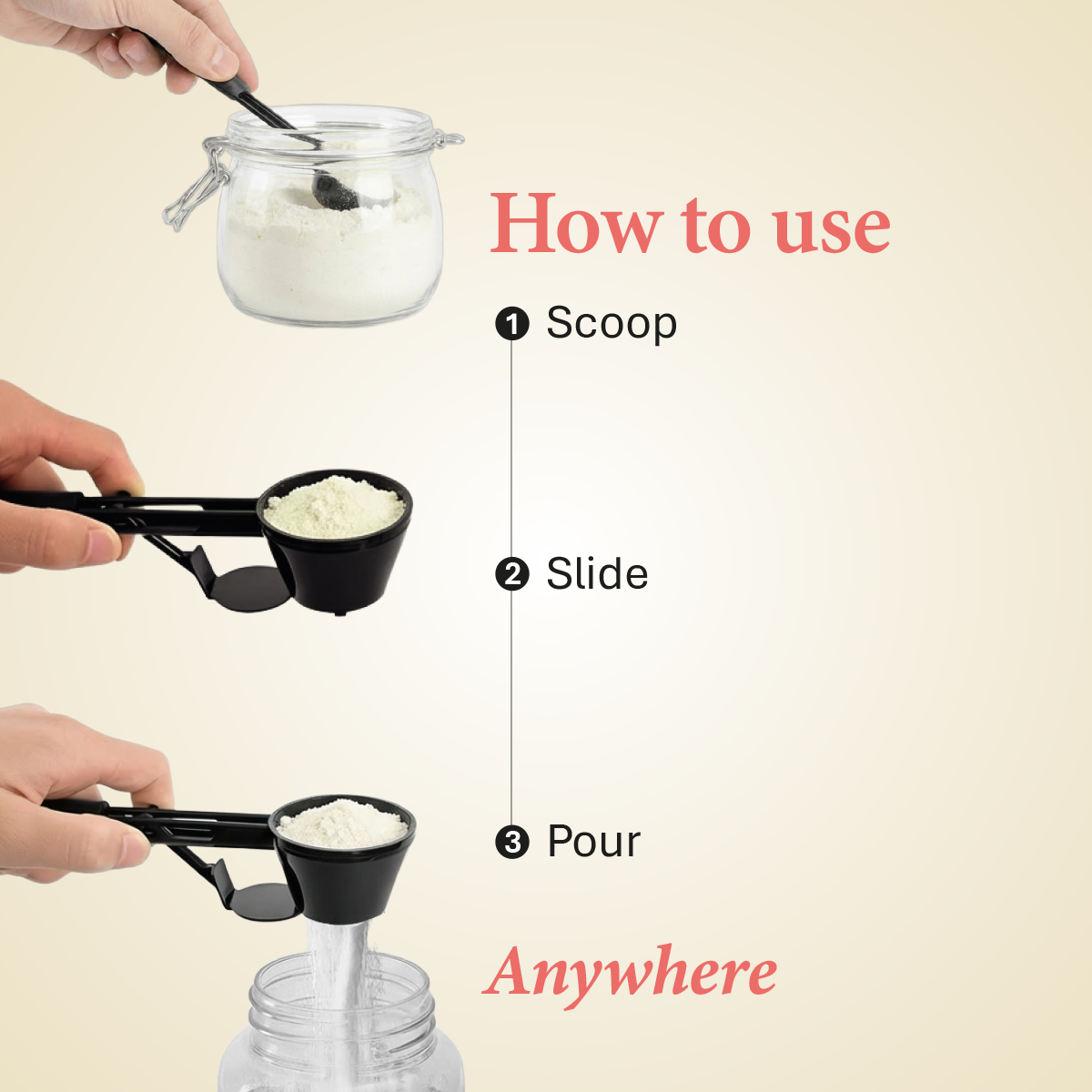CleanPour Scoop • The Spill-Free Way to Load Wellness Powders Into Any Bottle